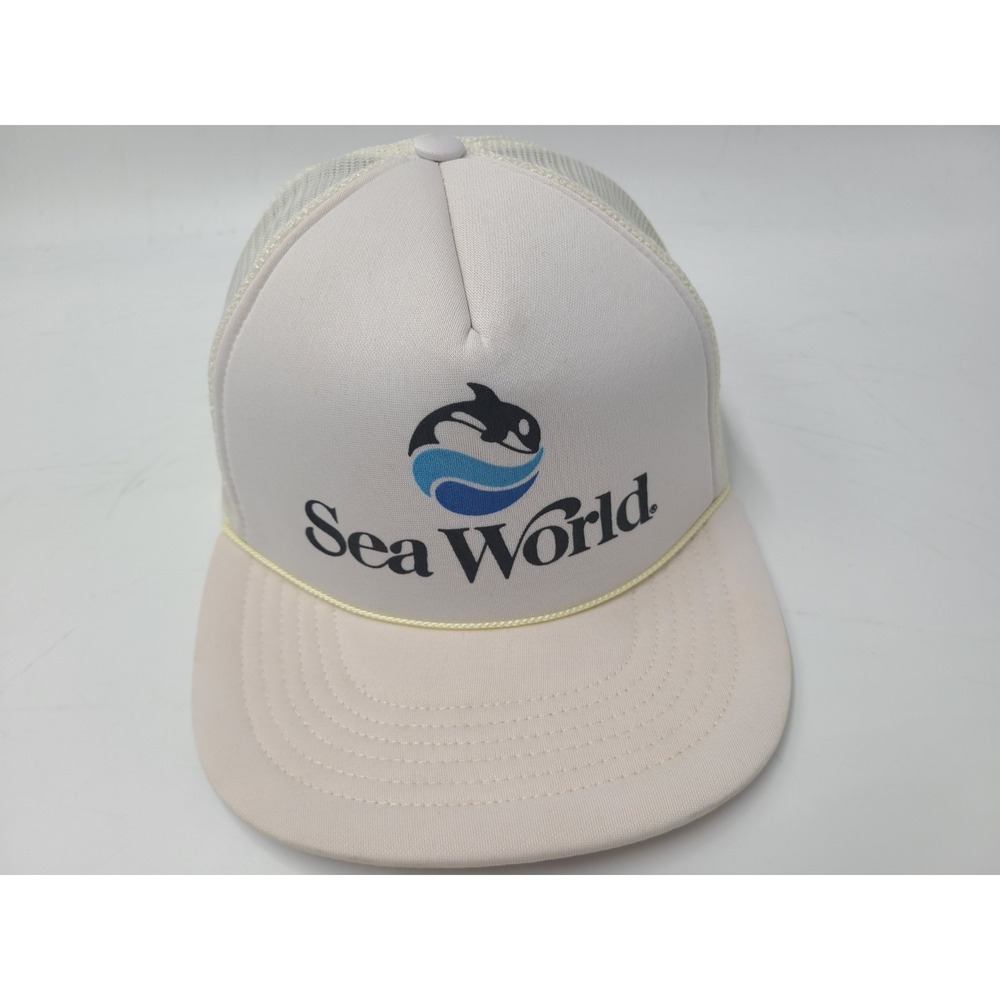 Vintage Sea World 1987 Mesh Trucker‎ Snapback Hat Cap Orca Whale Logo Men White
